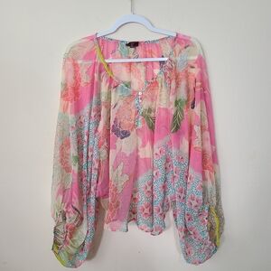 Z&L Colorful Vibrant Floral Sheer Balloon‎ Sleeve Henley Blouse